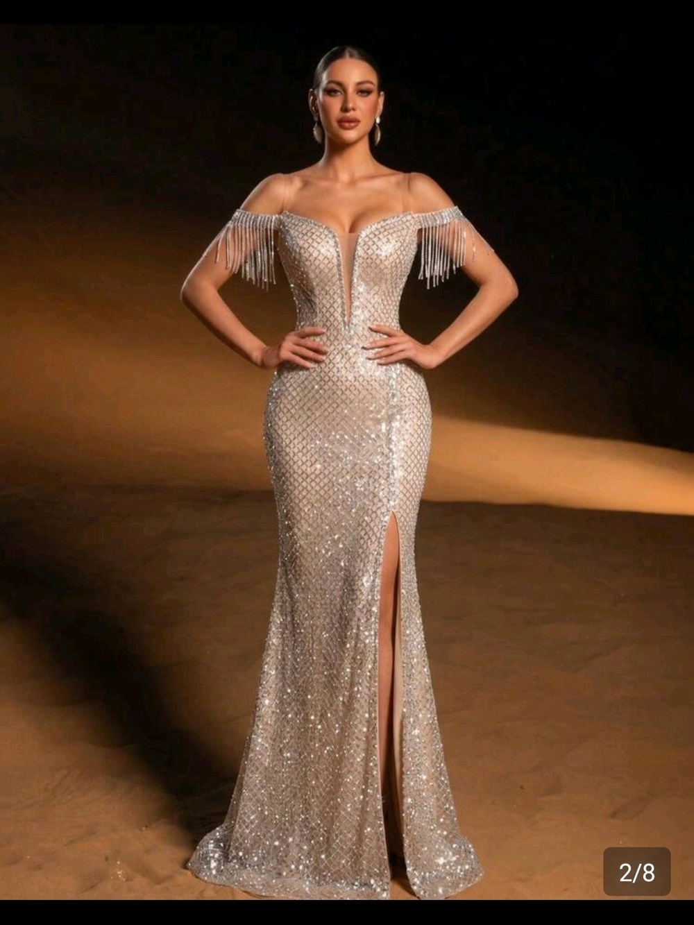 Off The-Shoulder Crystal Fringe Evening Gown